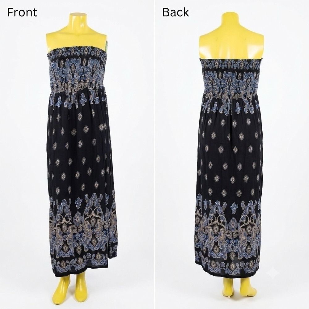 Mlle Gabrielle 1X Strapless Maxi Dress Black Blue Paisley Smocked Boho